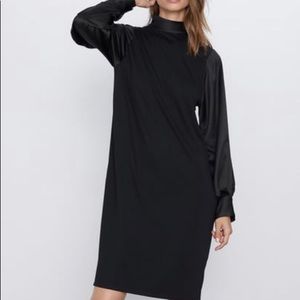 ZARA Contrasting Satin Effect Dress Long Sleeved Black Size M NEW